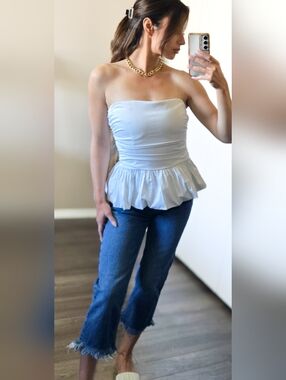 Zara NWT White Strapless Peplum Top Ruched Corset Style Size M Summer Feminine